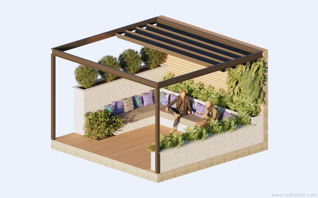 Pergola Seating Area | Isometric Rendering – CAD Needs (Download Free ...